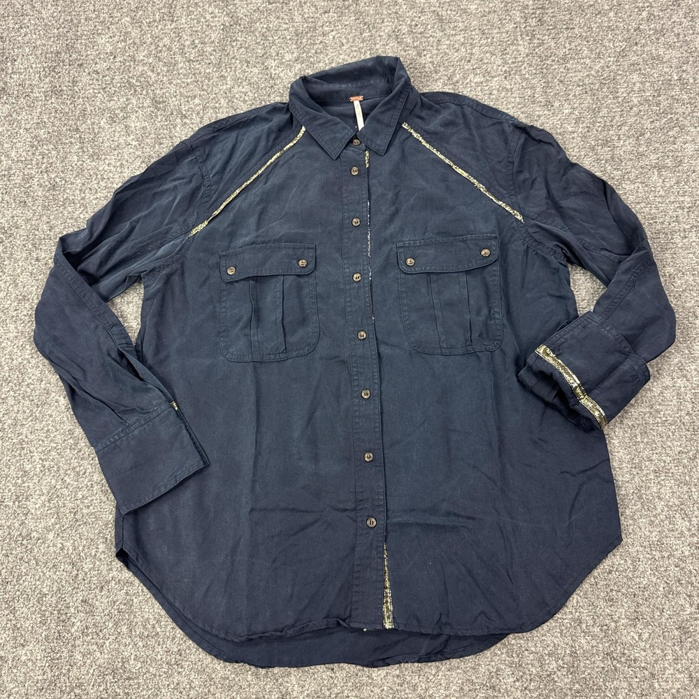Free People Shirt Womens S Blue 100% Lyocell Button Front Tunic Long Sleeve‎